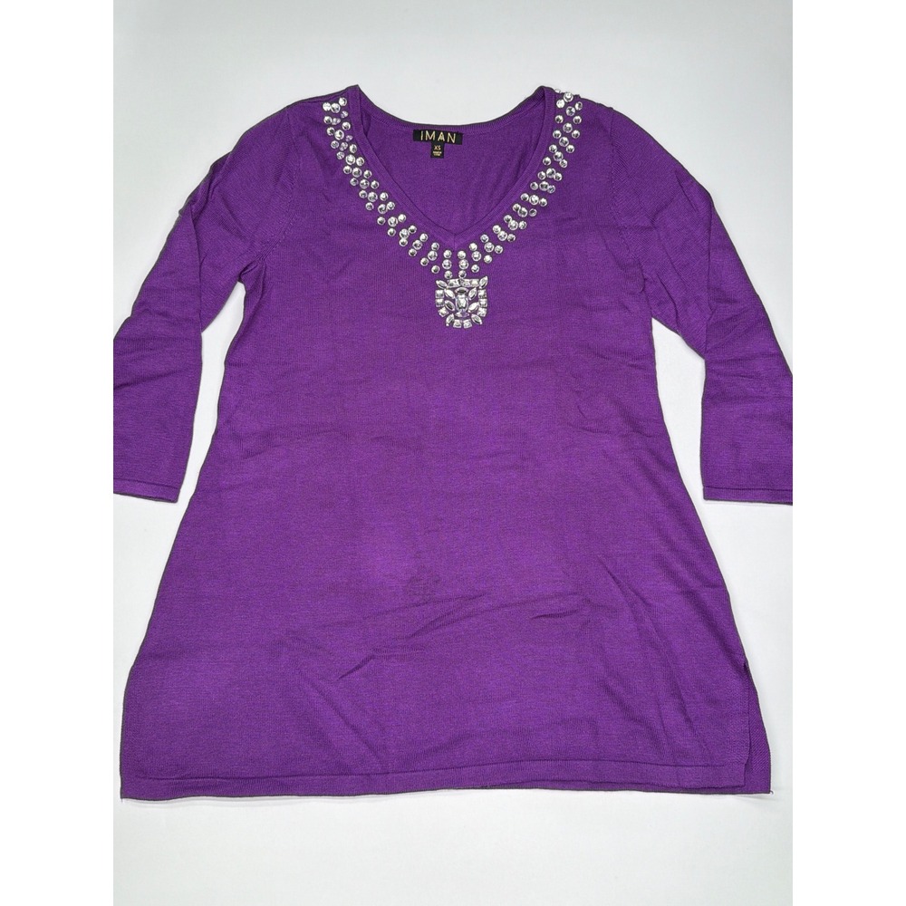 IMAN Purple Beaded V Neck 3/4‎ Sleeve Sweater Tunic Top XS Cashmere Blend